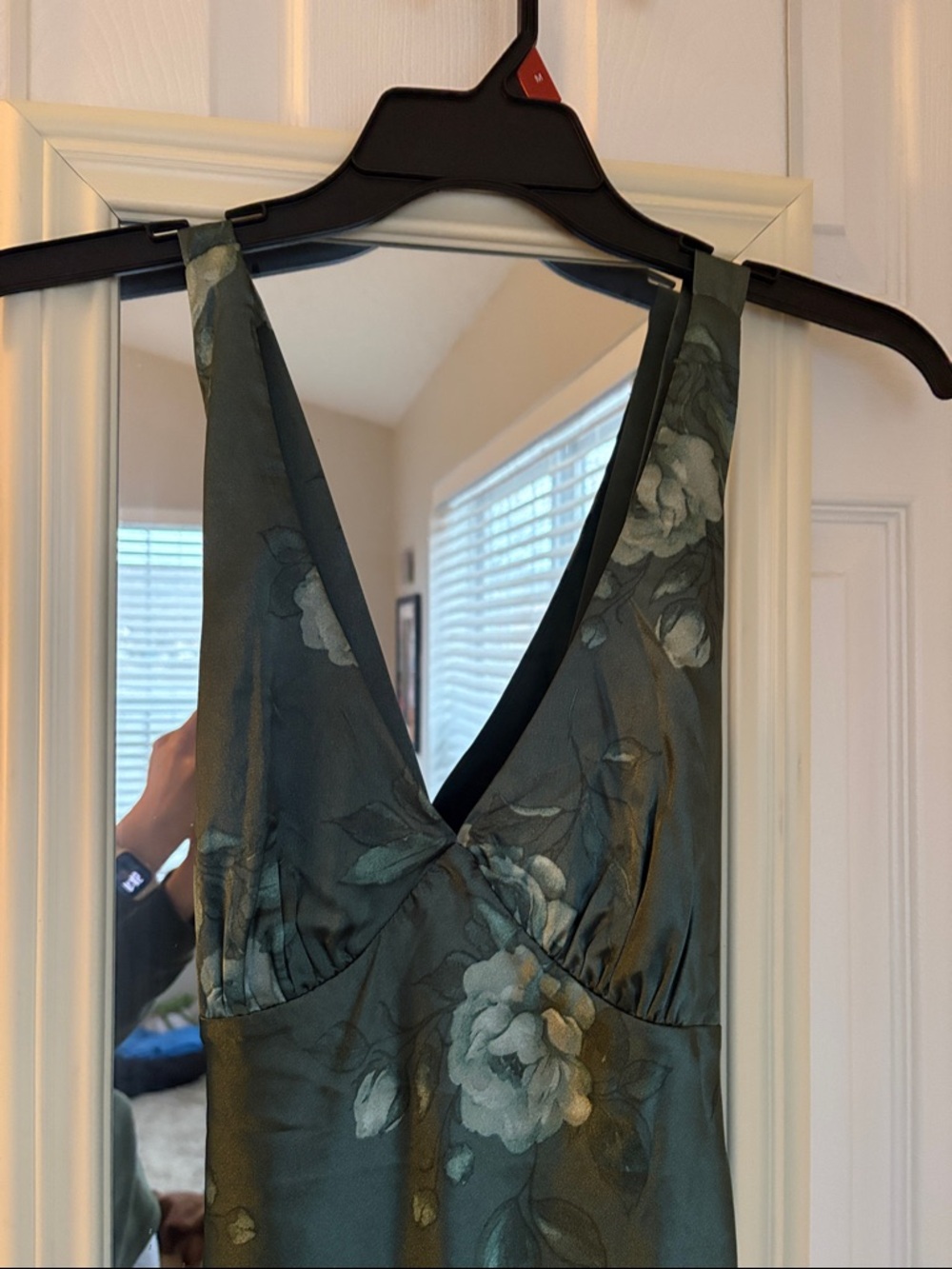 Deep Green Floral Satin V-Neck Slip Dress
